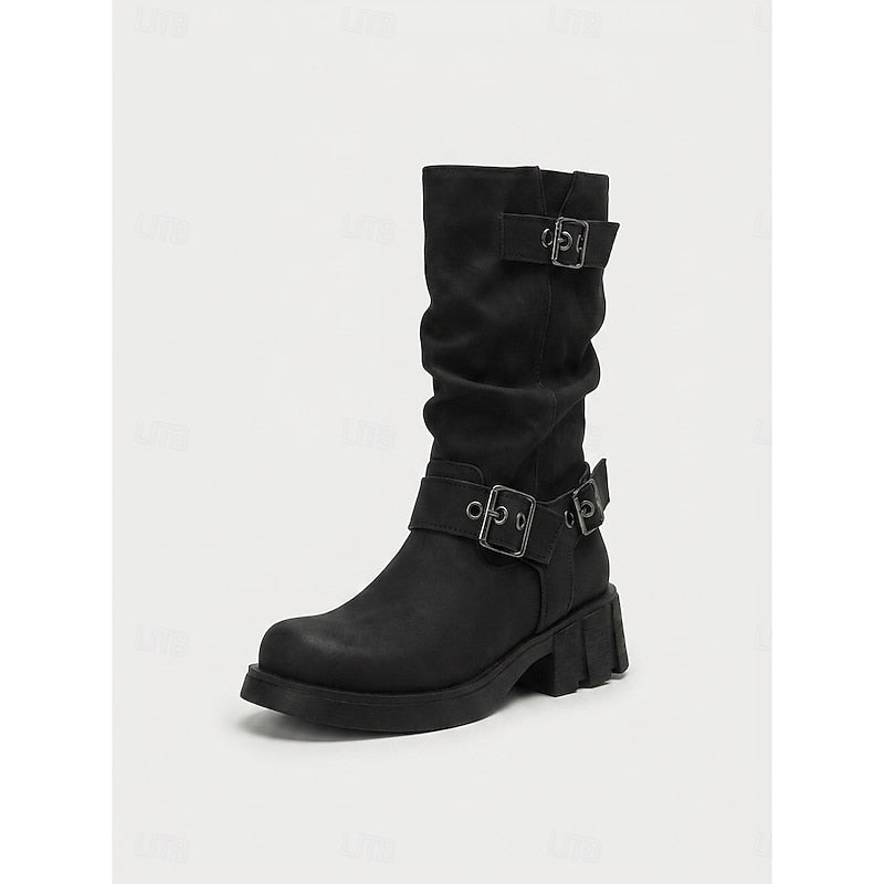 Biker Boots Damen mit Vintage Schnalle und Blockabsatz - 2 - Jasminaboutique.com