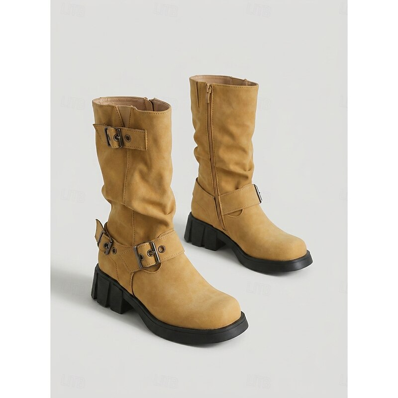 Biker Boots Damen mit Vintage Schnalle und Blockabsatz - 5 - Jasminaboutique.com