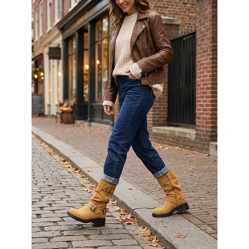 Biker Boots Damen mit Vintage Schnalle und Blockabsatz - 7 - Jasminaboutique.com