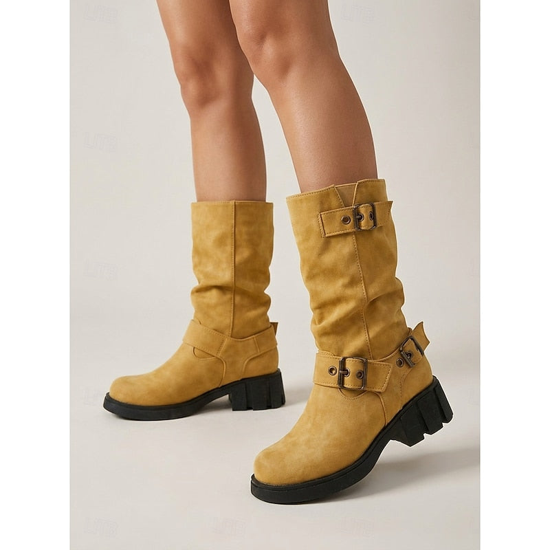 Biker Boots Damen mit Vintage Schnalle und Blockabsatz - 8 - Jasminaboutique.com