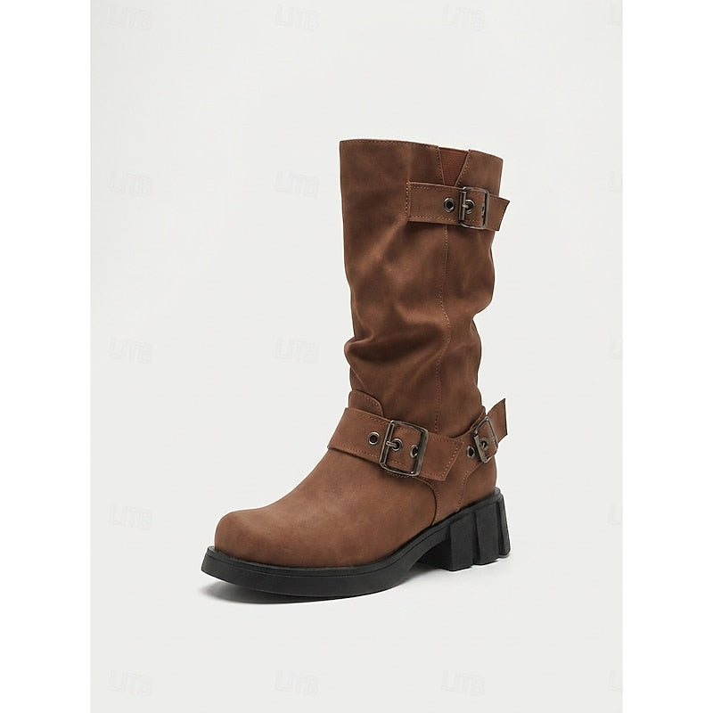 Biker Boots Damen mit Vintage Schnalle und Blockabsatz - 10 - Jasminaboutique.com
