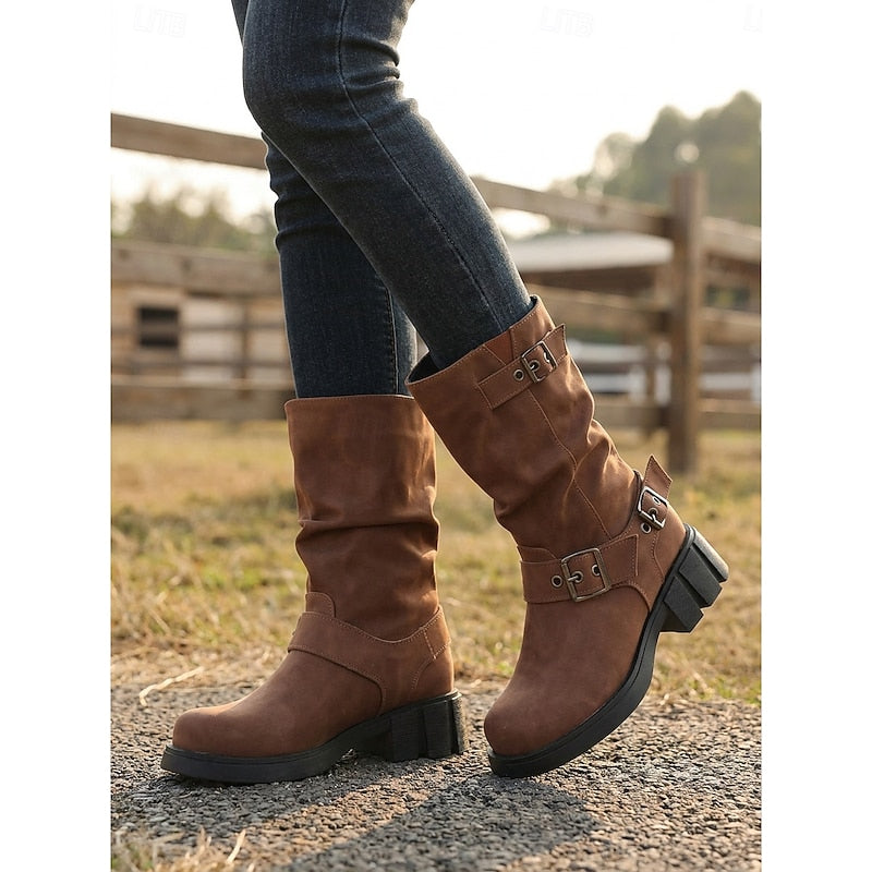 Biker Boots Damen mit Vintage Schnalle und Blockabsatz - 11 - Jasminaboutique.com