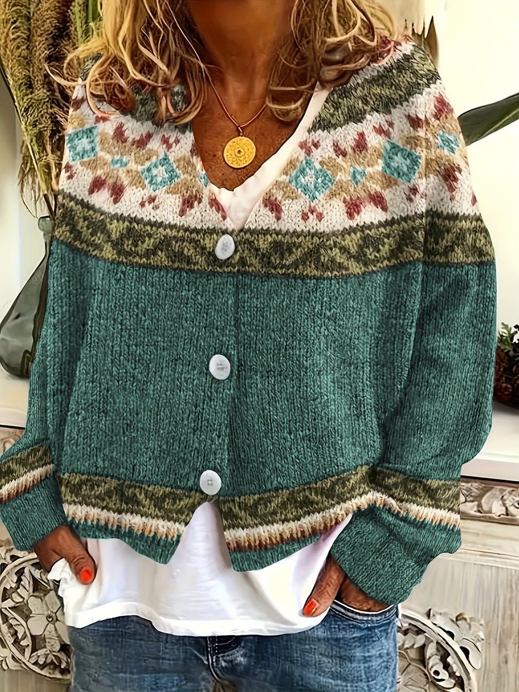 Cardigan Damen mit Knopfleiste und Muster - 6 - Jasminaboutique.com