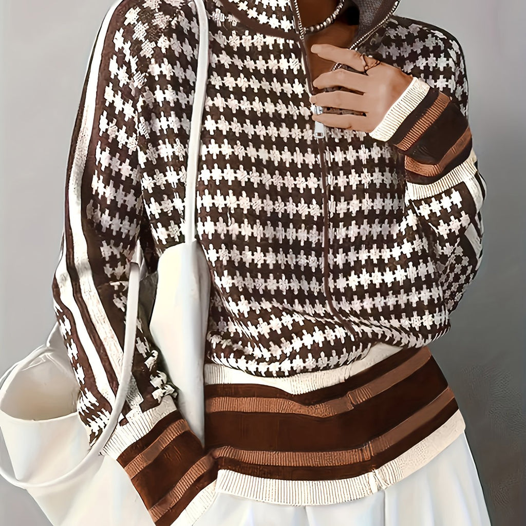 Cardigan Damen mit Stehkragen und Reißverschluss, Karomuster - 1 - Jasminaboutique.com