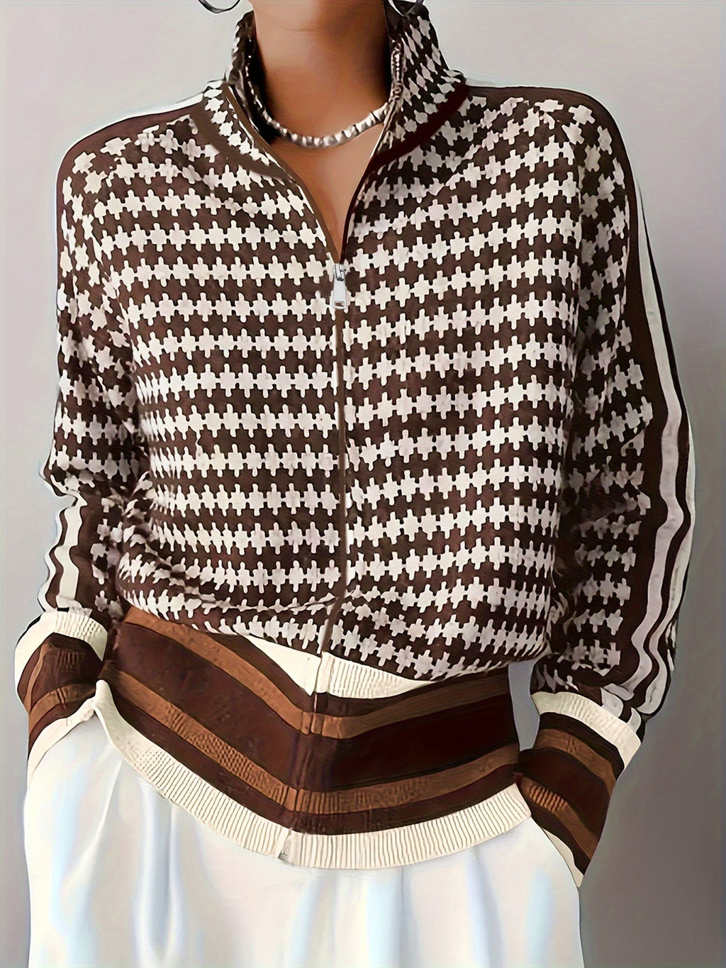 Cardigan Damen mit Stehkragen und Reißverschluss, Karomuster - 3 - Jasminaboutique.com