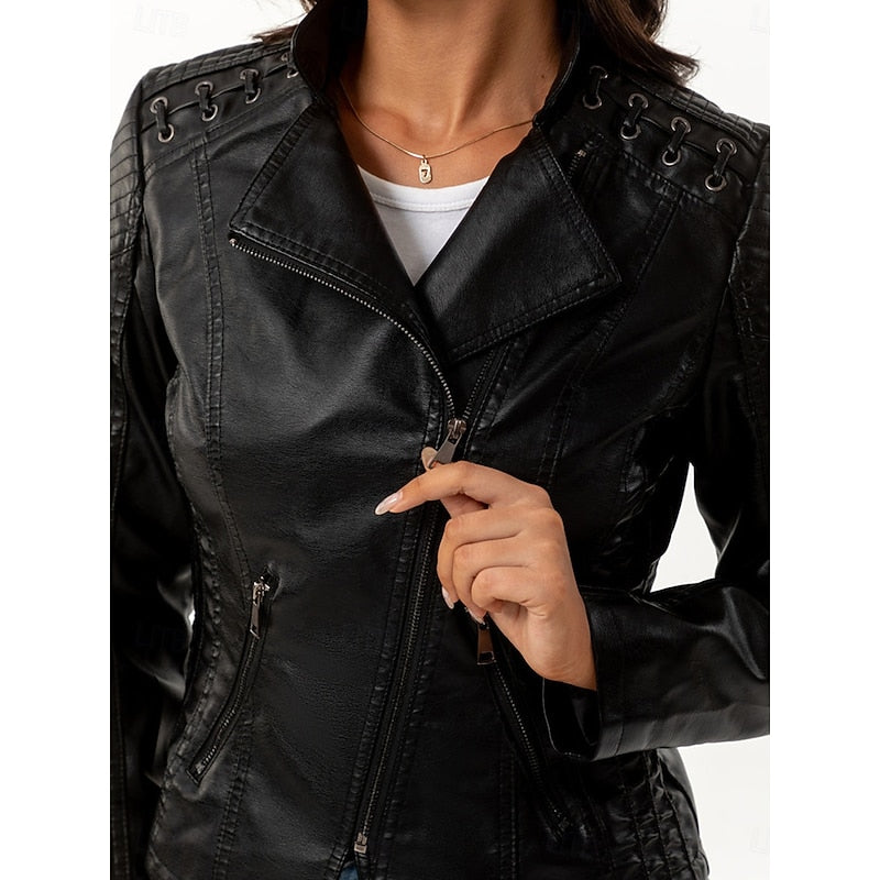 Bikerjacke Damen mit tailliertem Schnitt und Ziernähten - 4 - Jasminaboutique.com