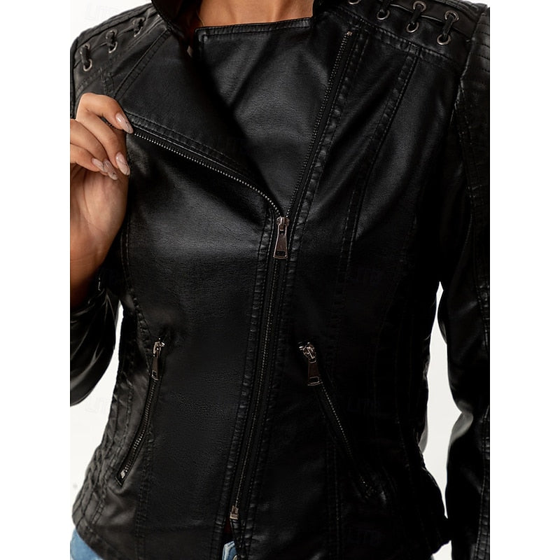 Bikerjacke Damen mit tailliertem Schnitt und Ziernähten - 5 - Jasminaboutique.com