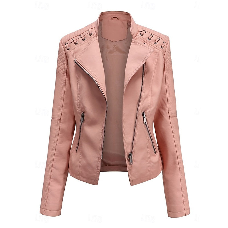 Bikerjacke Damen mit tailliertem Schnitt und Ziernähten - 12 - Jasminaboutique.com