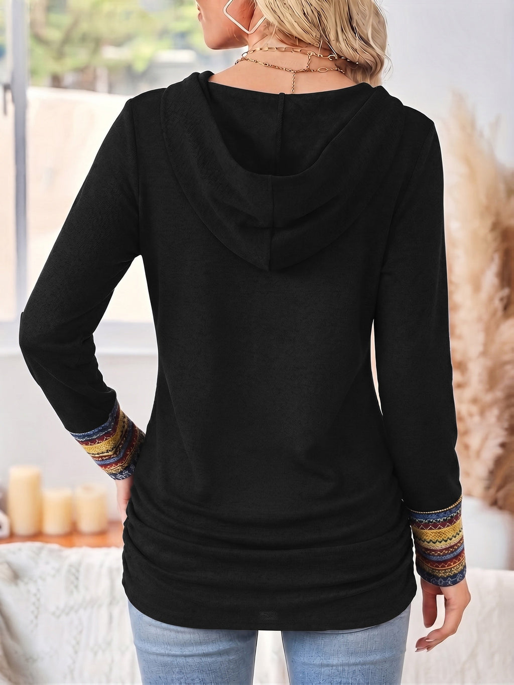 Pullover Damen mit Kapuze und Knöpfen, Langarm, Schwarz - 3 - Jasminaboutique.com