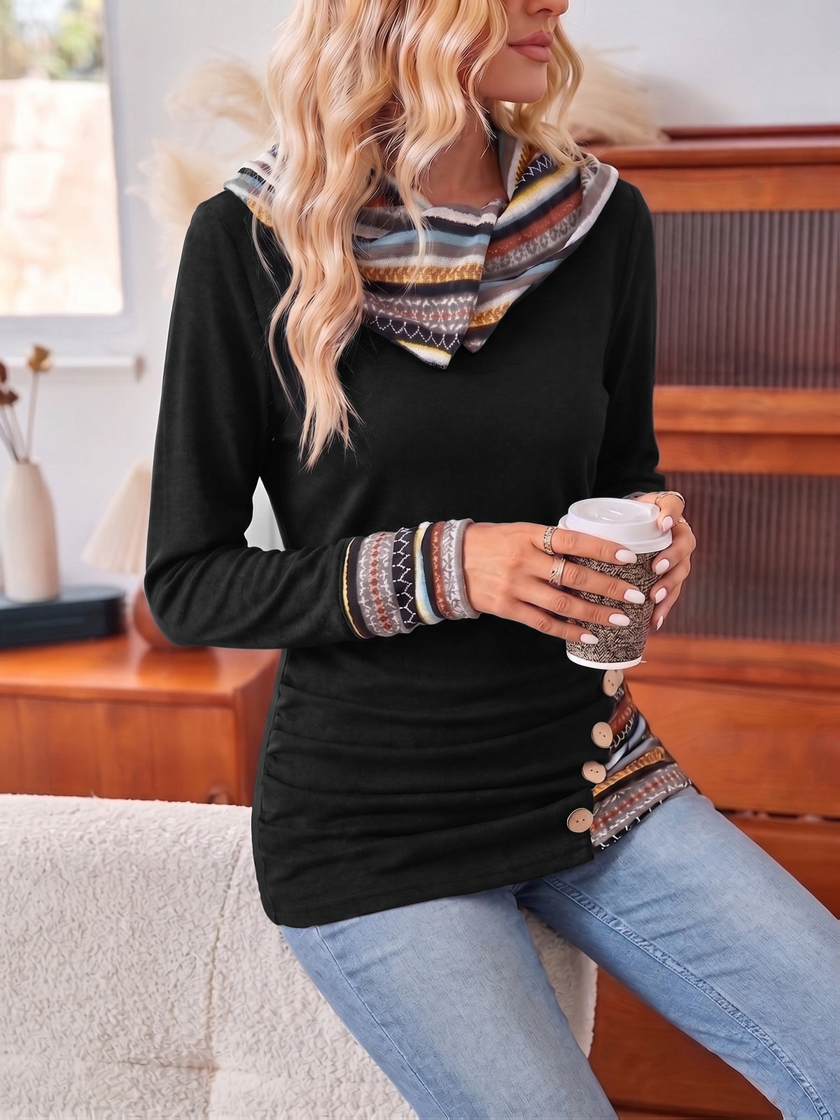 Pullover Damen mit Kapuze und Knöpfen, Langarm, Schwarz - 5 - Jasminaboutique.com
