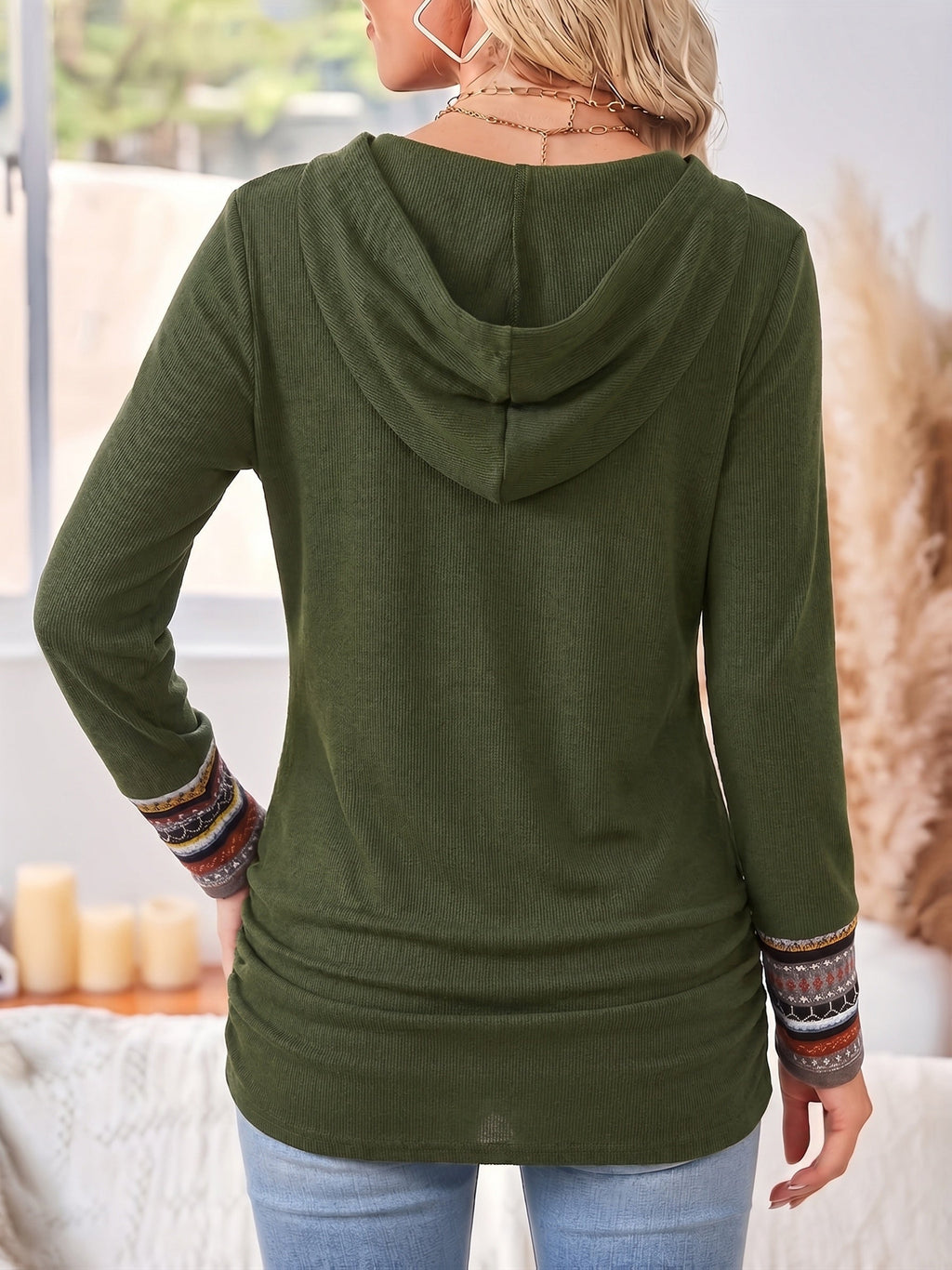 Pullover Damen mit Kapuze und Knöpfen, Langarm, Schwarz - 10 - Jasminaboutique.com