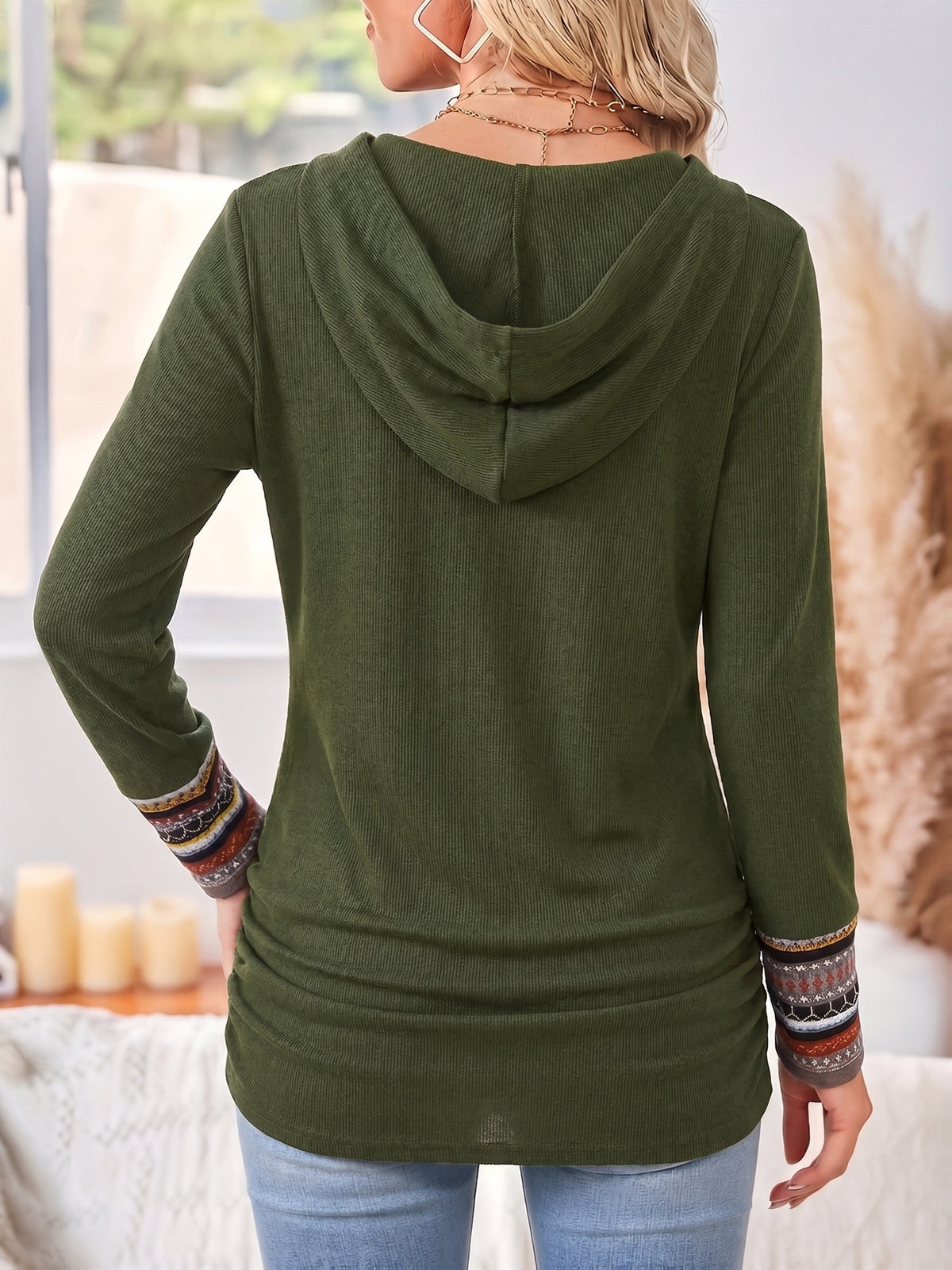 Pullover Damen mit Kapuze und Knöpfen, Langarm, Schwarz - 10 - Jasminaboutique.com