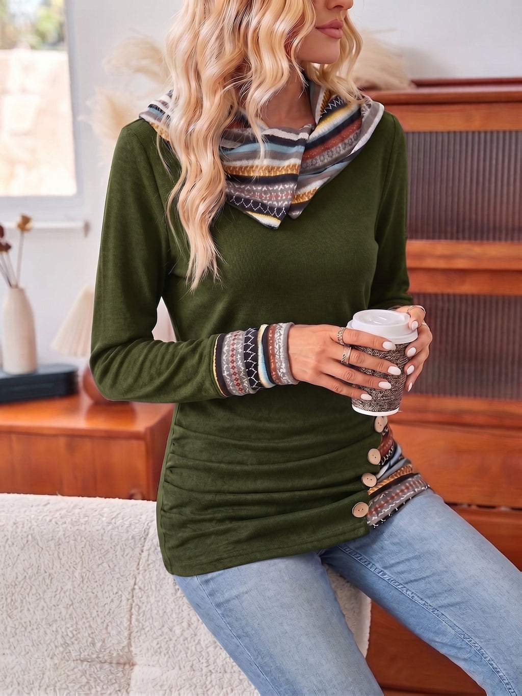 Pullover Damen mit Kapuze und Knöpfen, Langarm, Schwarz - 12 - Jasminaboutique.com