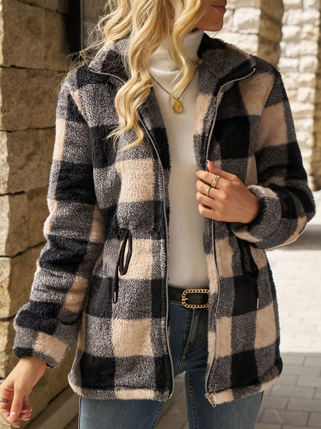 Hooded Jacke Damen mit Karomuster und Taillengürtel - 2 - Jasminaboutique.com