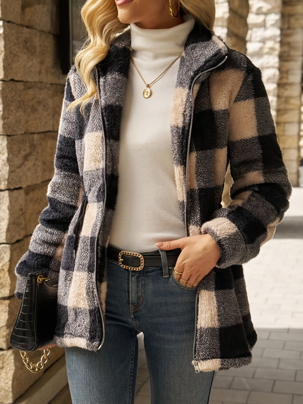 Hooded Jacke Damen mit Karomuster und Taillengürtel - 4 - Jasminaboutique.com