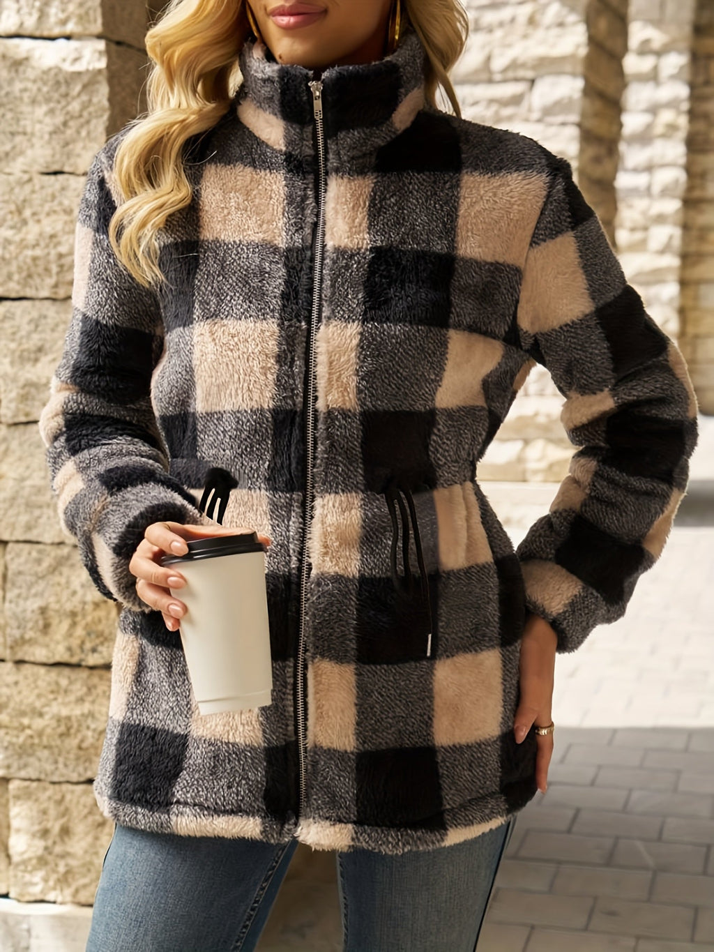 Hooded Jacke Damen mit Karomuster und Taillengürtel - 6 - Jasminaboutique.com