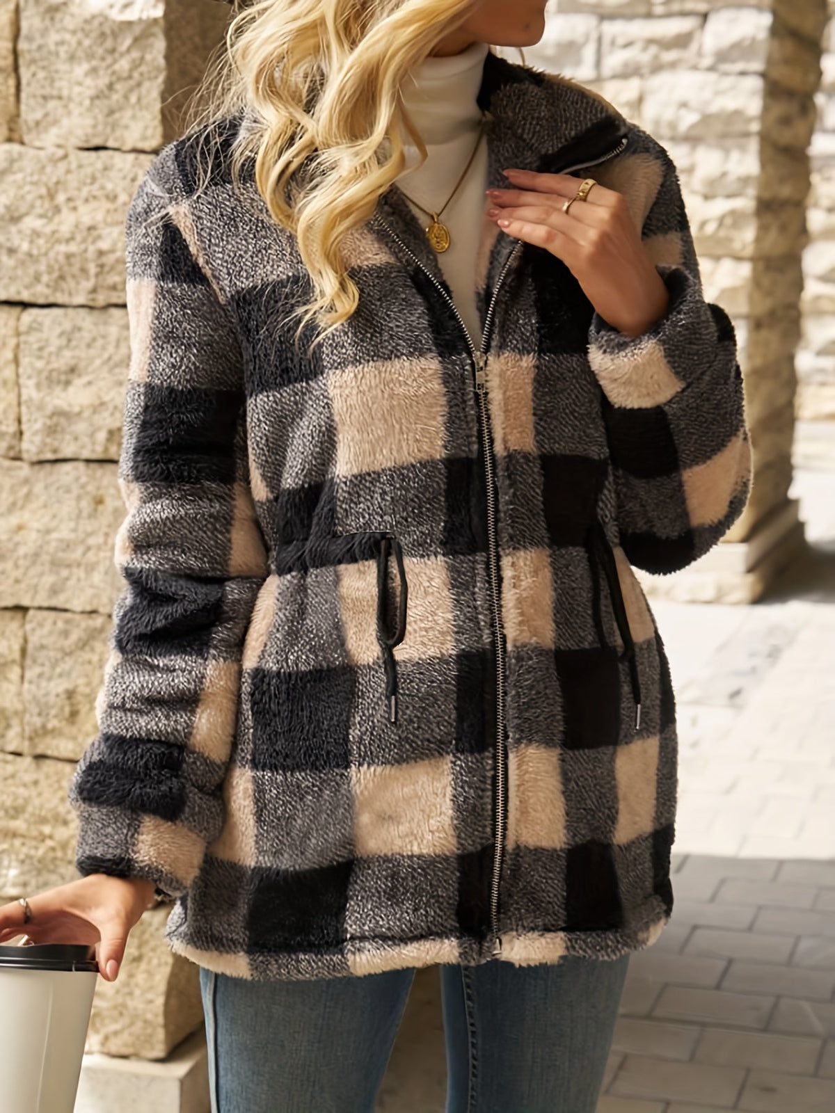 Hooded Jacke Damen mit Karomuster und Taillengürtel - 7 - Jasminaboutique.com