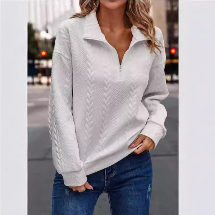 Pullover Damen mit Kragen und halbem Reißverschluss, strukturiert - 3 - Jasminaboutique.com