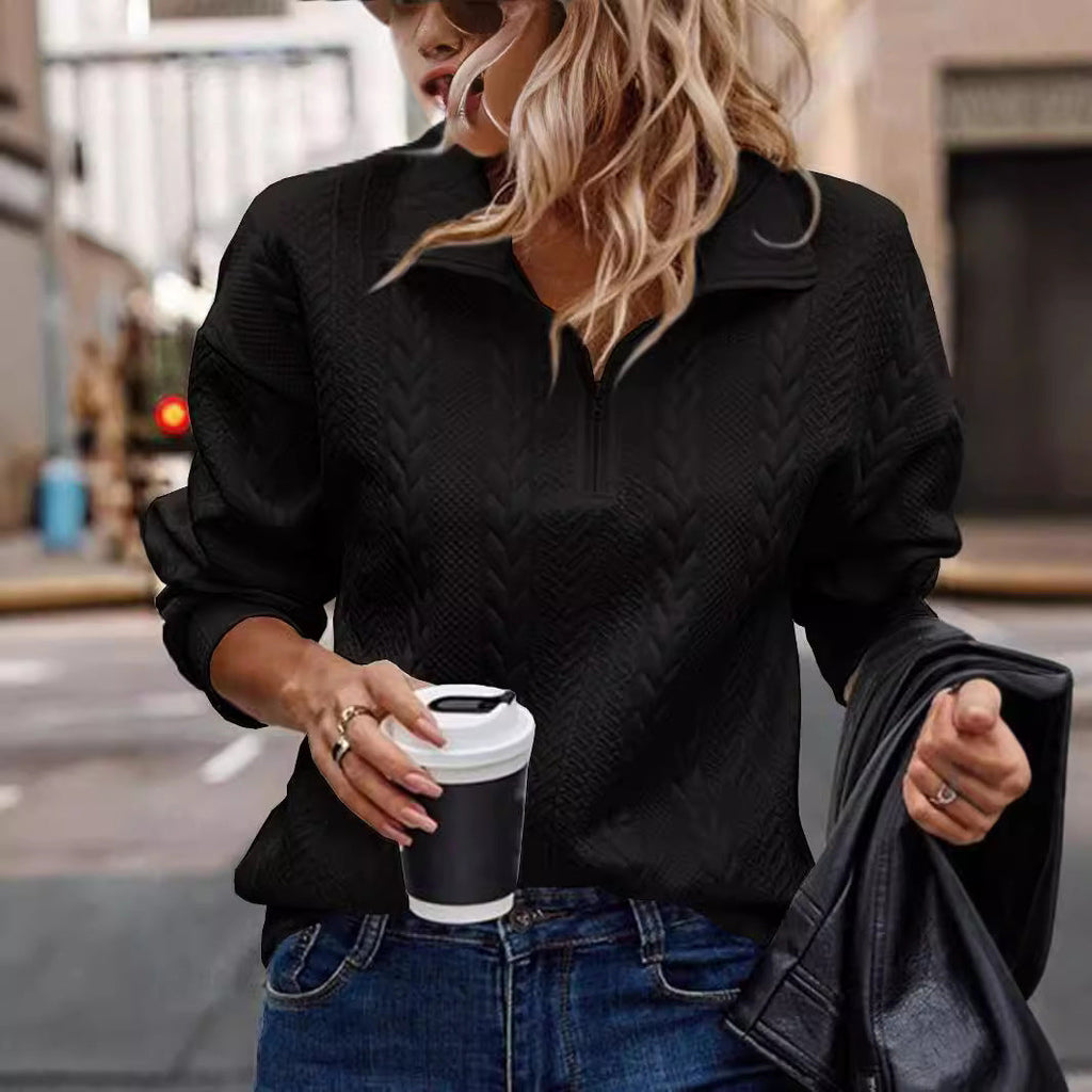 Pullover Damen mit Kragen und halbem Reißverschluss, strukturiert - 6 - Jasminaboutique.com