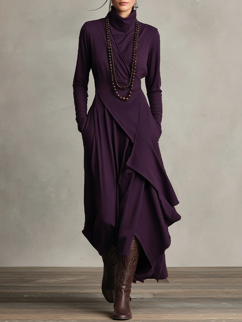 Maxikleid Damen mit Hochkragen und asymmetrischem Schnitt - 1 - Jasminaboutique.com