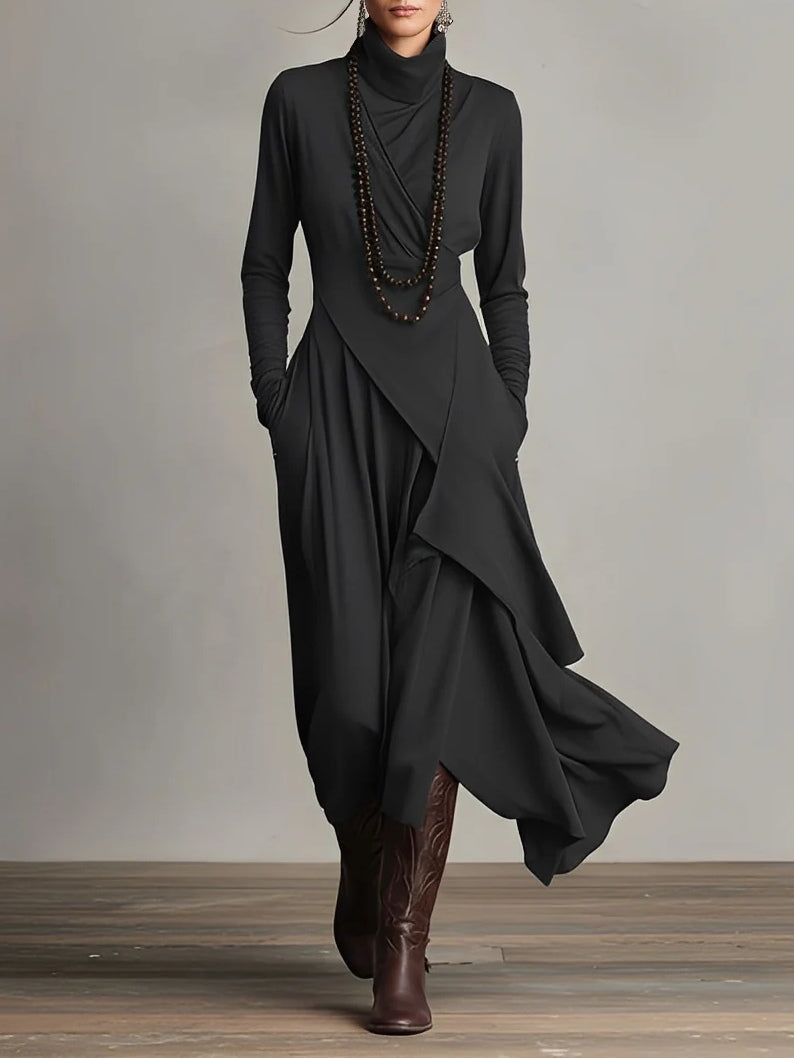 Maxikleid Damen mit Hochkragen und asymmetrischem Schnitt - 2 - Jasminaboutique.com