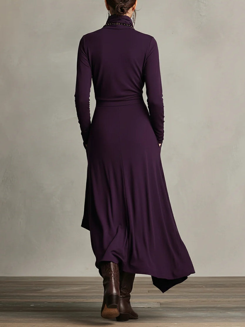 Maxikleid Damen mit Hochkragen und asymmetrischem Schnitt - 3 - Jasminaboutique.com