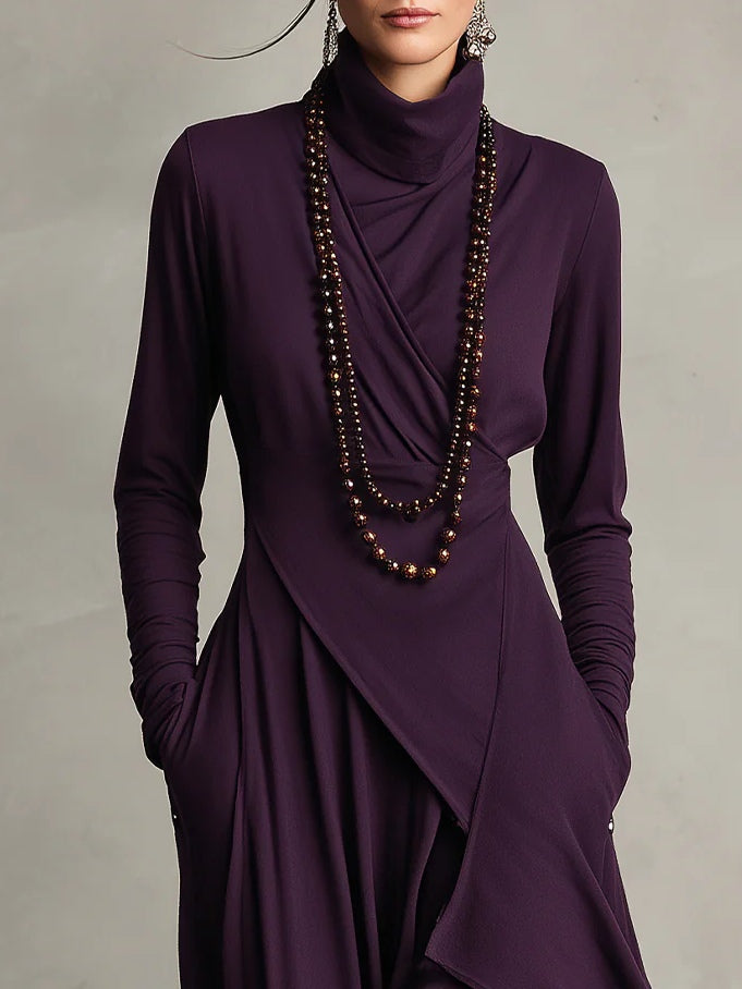 Maxikleid Damen mit Hochkragen und asymmetrischem Schnitt - 5 - Jasminaboutique.com