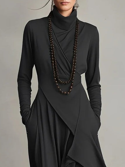 Maxikleid Damen mit Hochkragen und asymmetrischem Schnitt - 7 - Jasminaboutique.com
