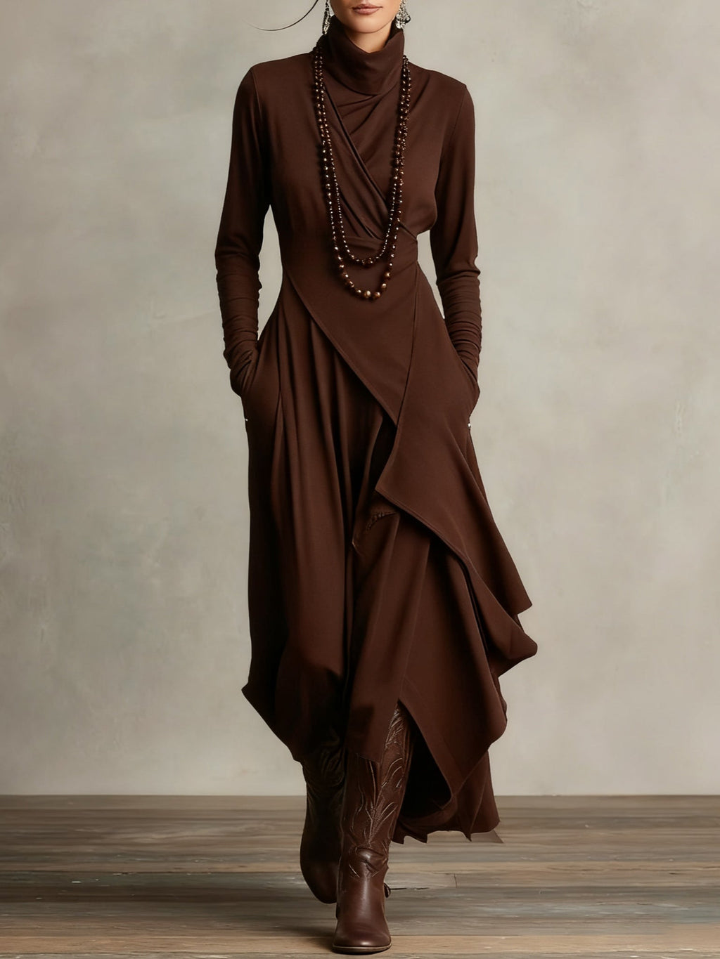 Maxikleid Damen mit Hochkragen und asymmetrischem Schnitt - 9 - Jasminaboutique.com