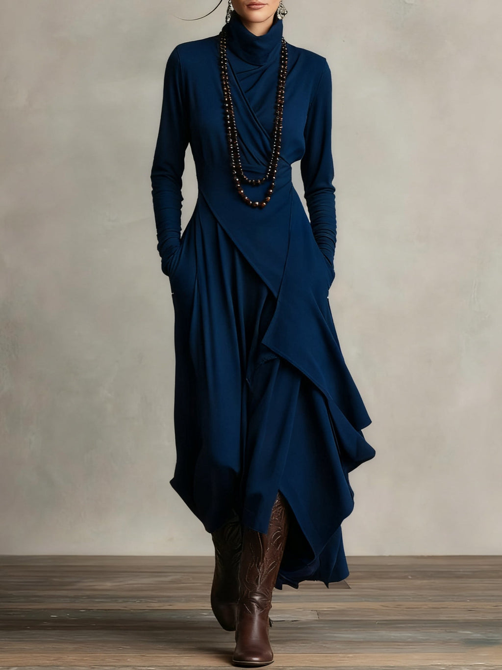 Maxikleid Damen mit Hochkragen und asymmetrischem Schnitt - 10 - Jasminaboutique.com