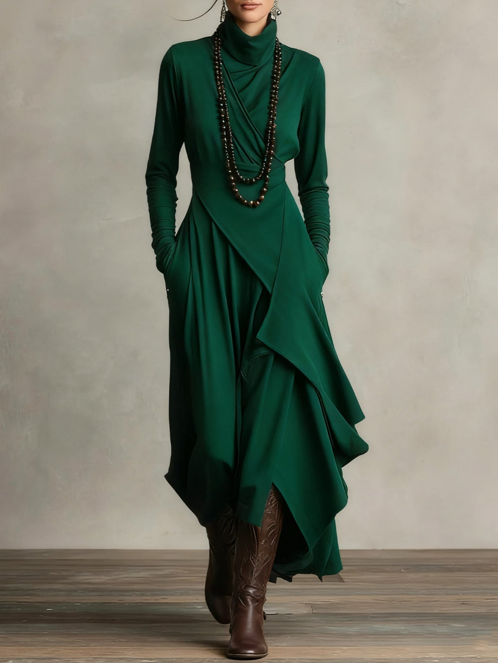 Maxikleid Damen mit Hochkragen und asymmetrischem Schnitt - 11 - Jasminaboutique.com