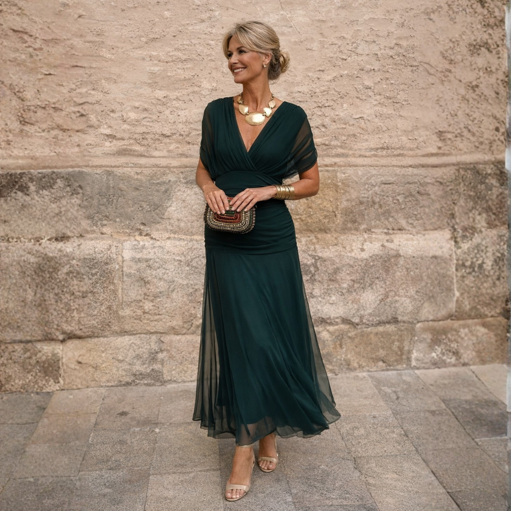 Maxikleid Damen mit Wickeloptik und V-Ausschnitt - 1 - Jasminaboutique.com