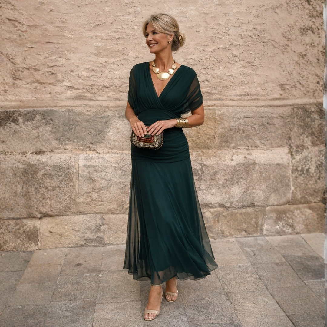 Maxikleid Damen mit Wickeloptik und V-Ausschnitt - 1 - Jasminaboutique.com