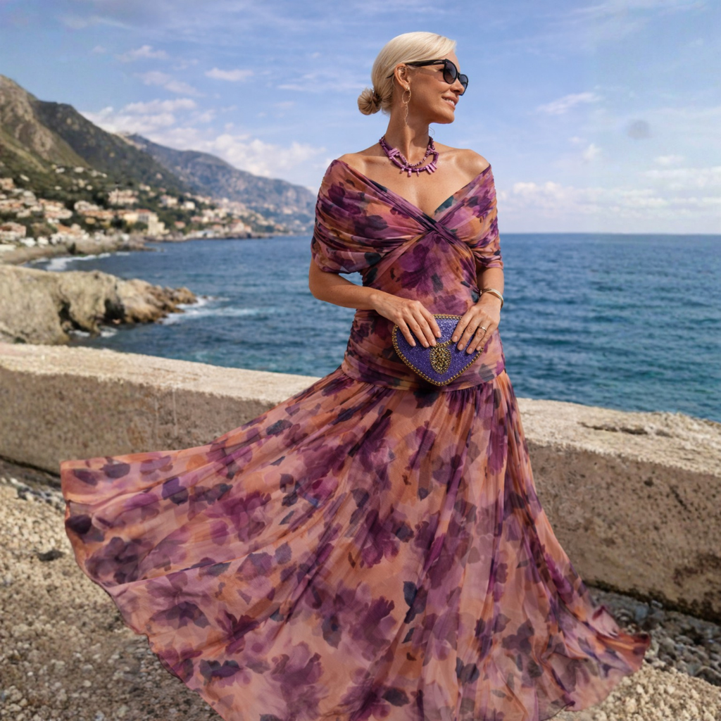 Maxikleid Damen mit Wickeloptik und V-Ausschnitt - 2 - Jasminaboutique.com