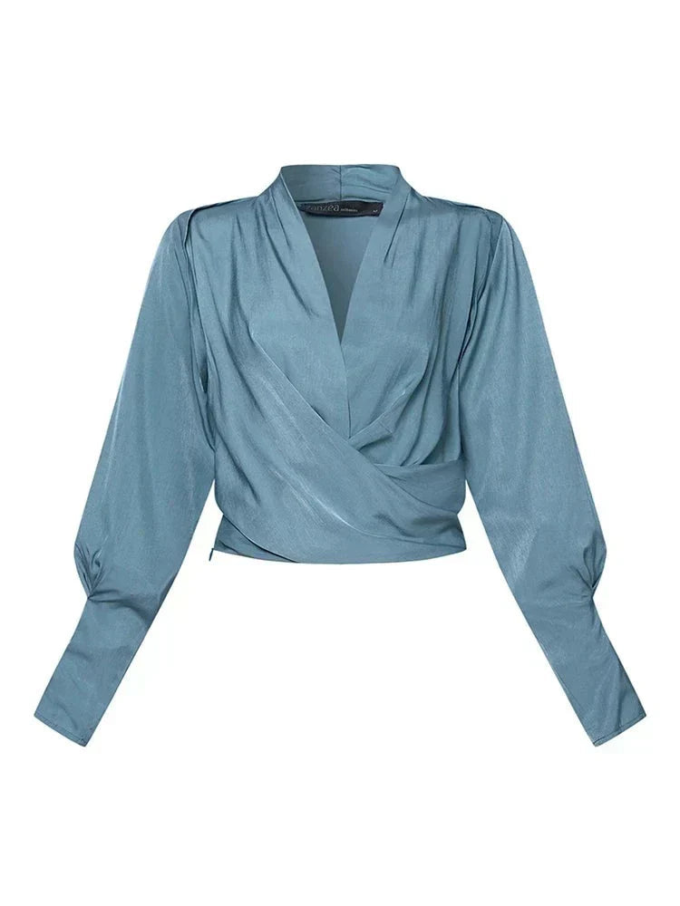 Bluse Damen mit Wickeloptik und eleganten Puffärmeln - 6 - Jasminaboutique.com