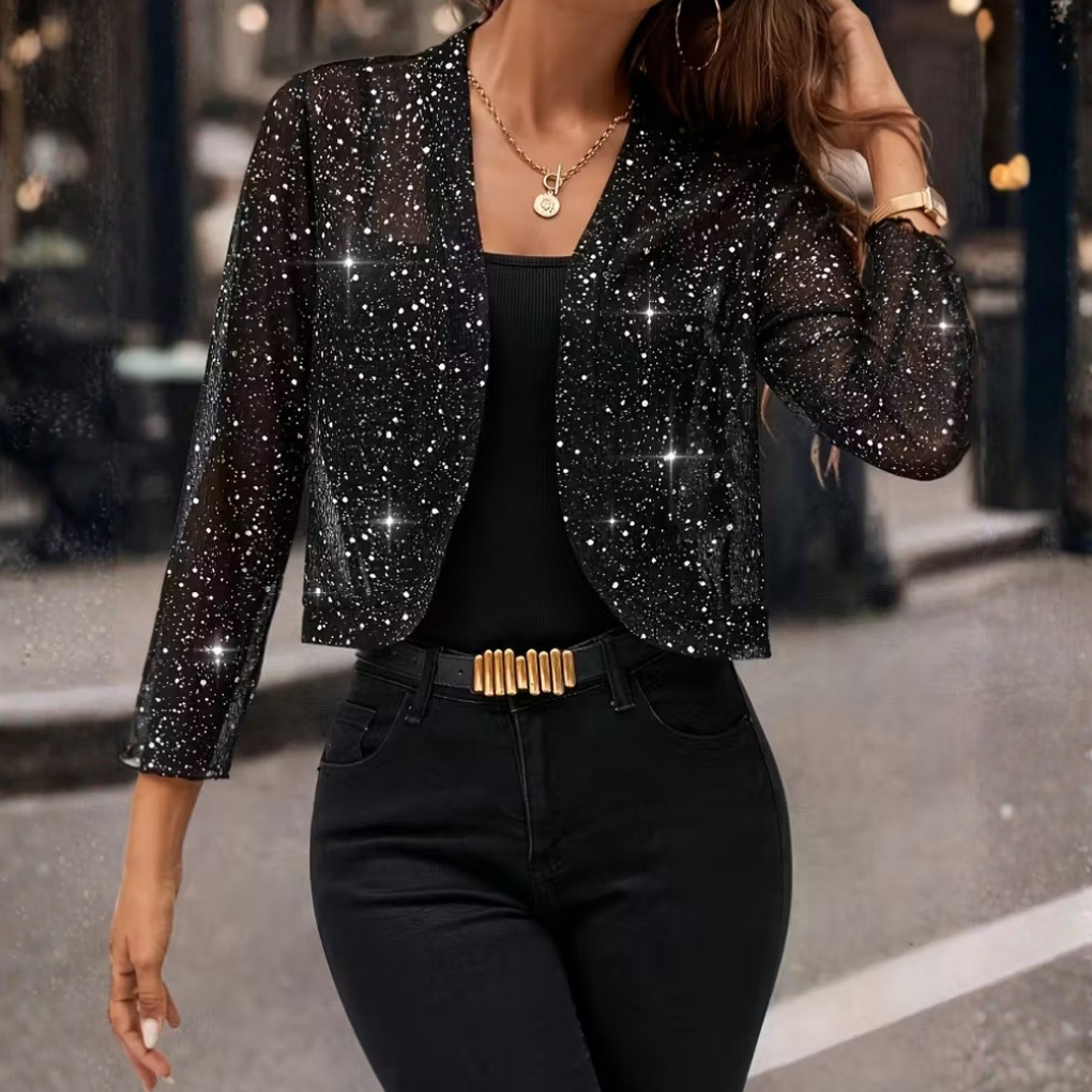 Glitzer Cardigan Damen mit offenem Schnitt und 3/4-Ärmeln - 2 - Jasminaboutique.com