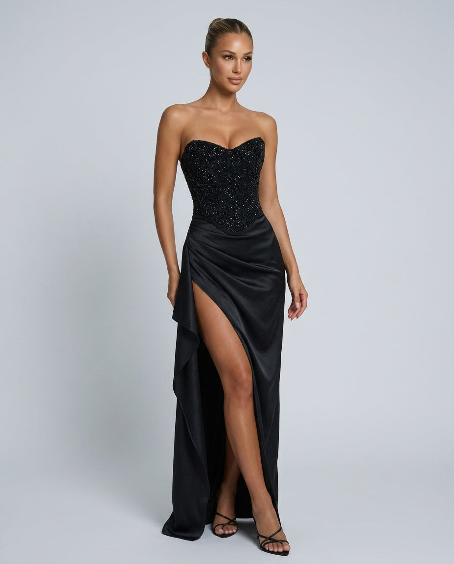 Maxikleid Damen mit Corsagen-Oberteil und hohem Schlitz - 1 - Jasminaboutique.com