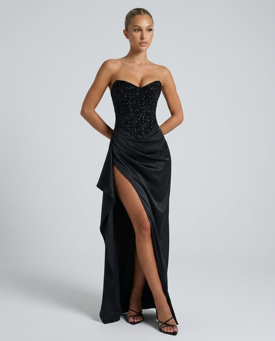 Maxikleid Damen mit Corsagen-Oberteil und hohem Schlitz - 3 - Jasminaboutique.com