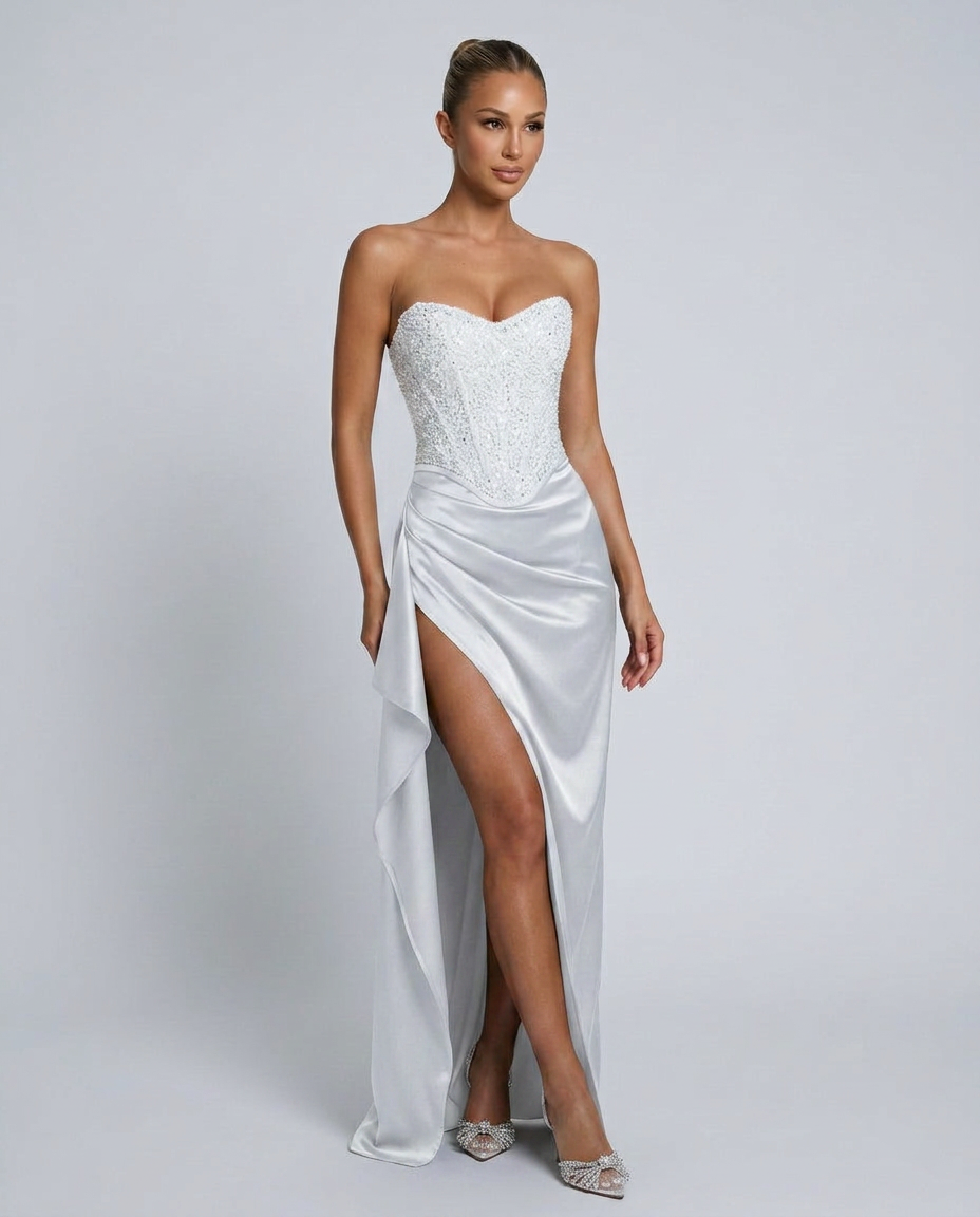 Maxikleid Damen mit Corsagen-Oberteil und hohem Schlitz - 4 - Jasminaboutique.com