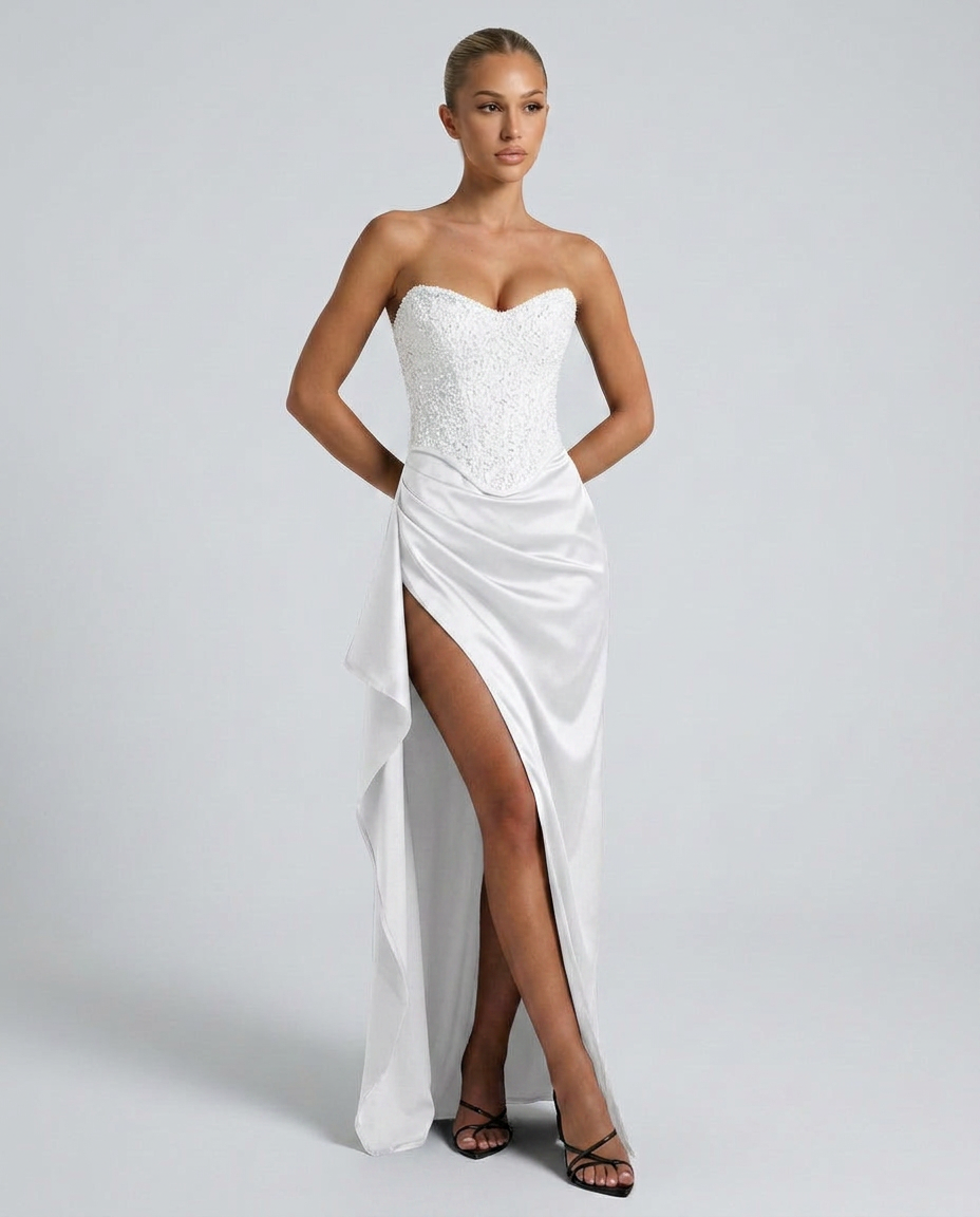 Maxikleid Damen mit Corsagen-Oberteil und hohem Schlitz - 6 - Jasminaboutique.com