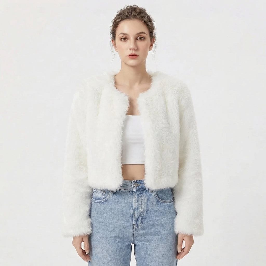 Faux Fur Jacke Damen - Kurzer Schnitt mit Rundhalsausschnitt - 1 - Jasminaboutique.com