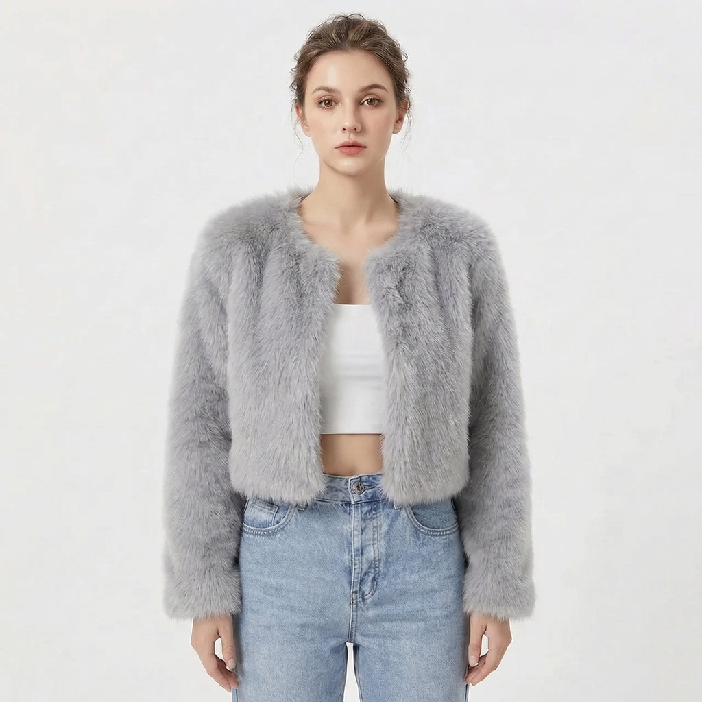 Faux Fur Jacke Damen - Kurzer Schnitt mit Rundhalsausschnitt - 3 - Jasminaboutique.com