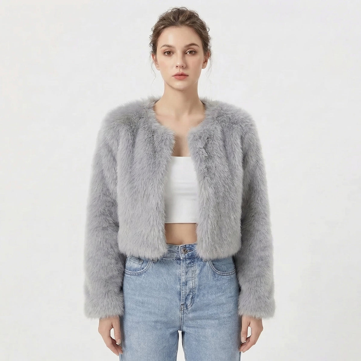 Faux Fur Jacke Damen - Kurzer Schnitt mit Rundhalsausschnitt - 3 - Jasminaboutique.com