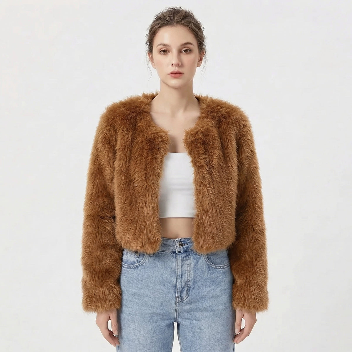 Faux Fur Jacke Damen - Kurzer Schnitt mit Rundhalsausschnitt - 4 - Jasminaboutique.com