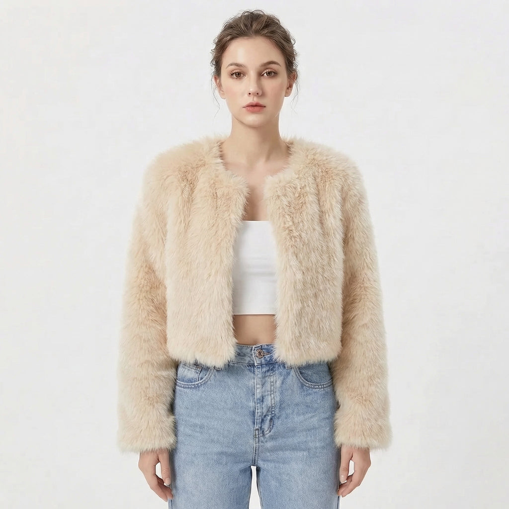 Faux Fur Jacke Damen - Kurzer Schnitt mit Rundhalsausschnitt - 5 - Jasminaboutique.com