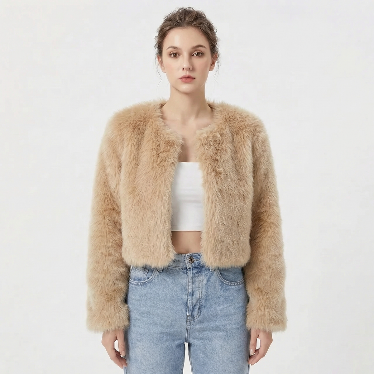 Faux Fur Jacke Damen - Kurzer Schnitt mit Rundhalsausschnitt - 6 - Jasminaboutique.com