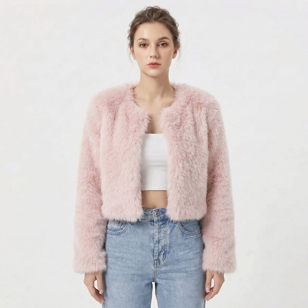 Faux Fur Jacke Damen - Kurzer Schnitt mit Rundhalsausschnitt - 7 - Jasminaboutique.com