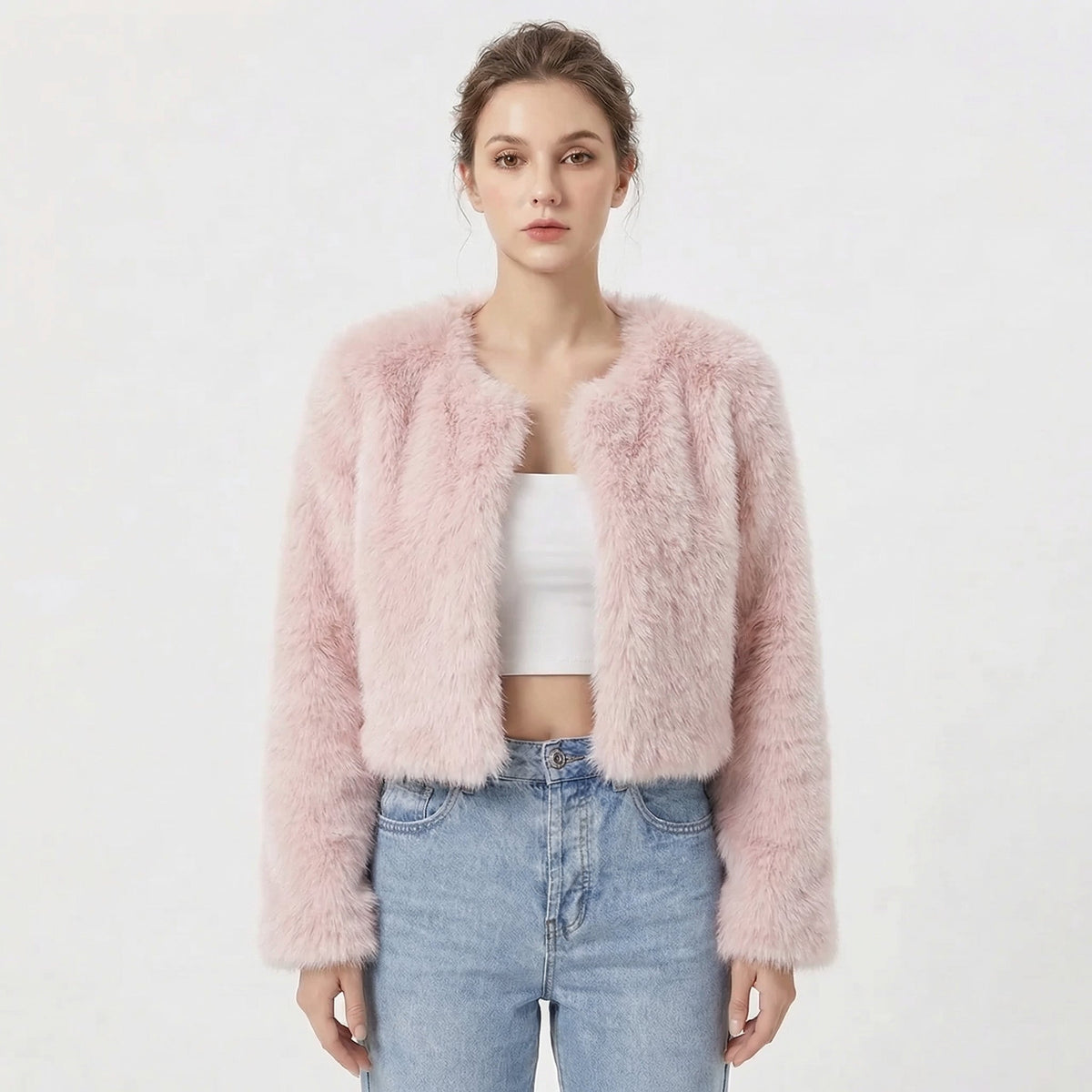 Faux Fur Jacke Damen - Kurzer Schnitt mit Rundhalsausschnitt - 7 - Jasminaboutique.com