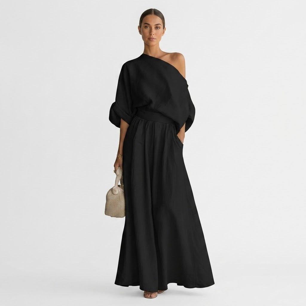 Maxikleid Damen mit One-Shoulder Schnitt und lässiger Passform - 1 - Jasminaboutique.com