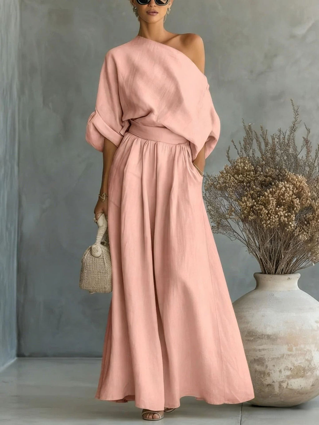 Maxikleid Damen mit One-Shoulder Schnitt und lässiger Passform - 9 - Jasminaboutique.com